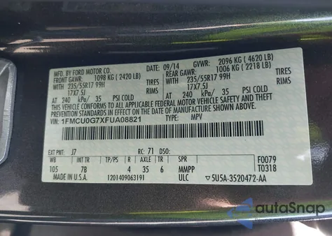 2015 Ford Escape Se from USA, damaged, VIN 1FMCU0G7XFUA08821